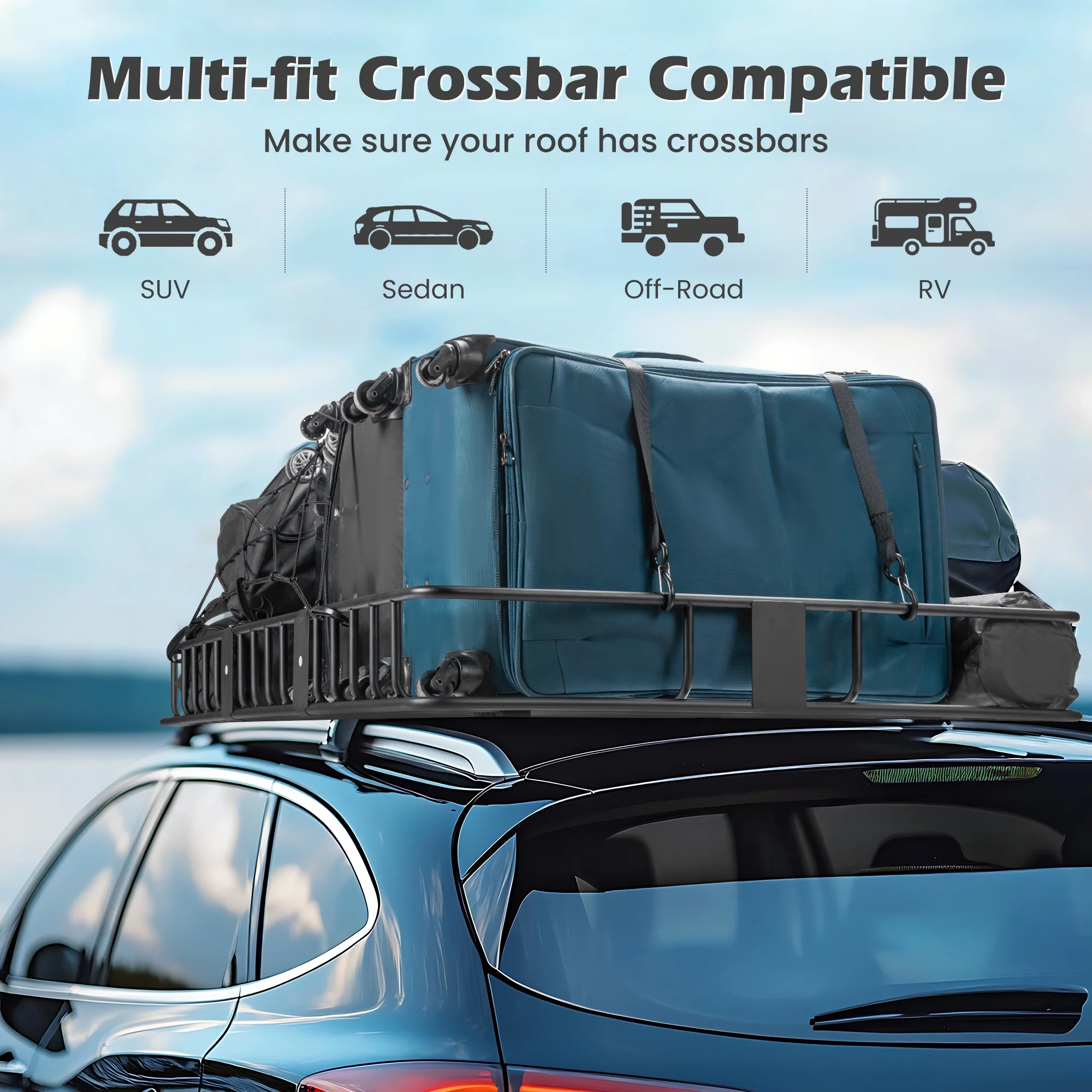 Naipo Roof Rack Cargo Basket,500 lb,64"x39"x6"Extendable Roof Luggage Holder Rack with 4 U-Bolts for SUV/RV,Camping - Image 3