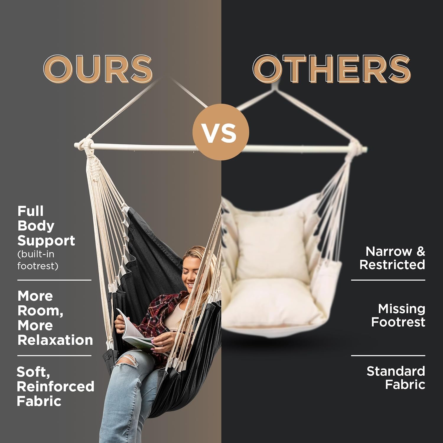 Hanging Hammock Chair Swing Outdoor Indoor Hammock Swing Chair with Hardware Kit Durable Full Body Support Holds 200 Lbs