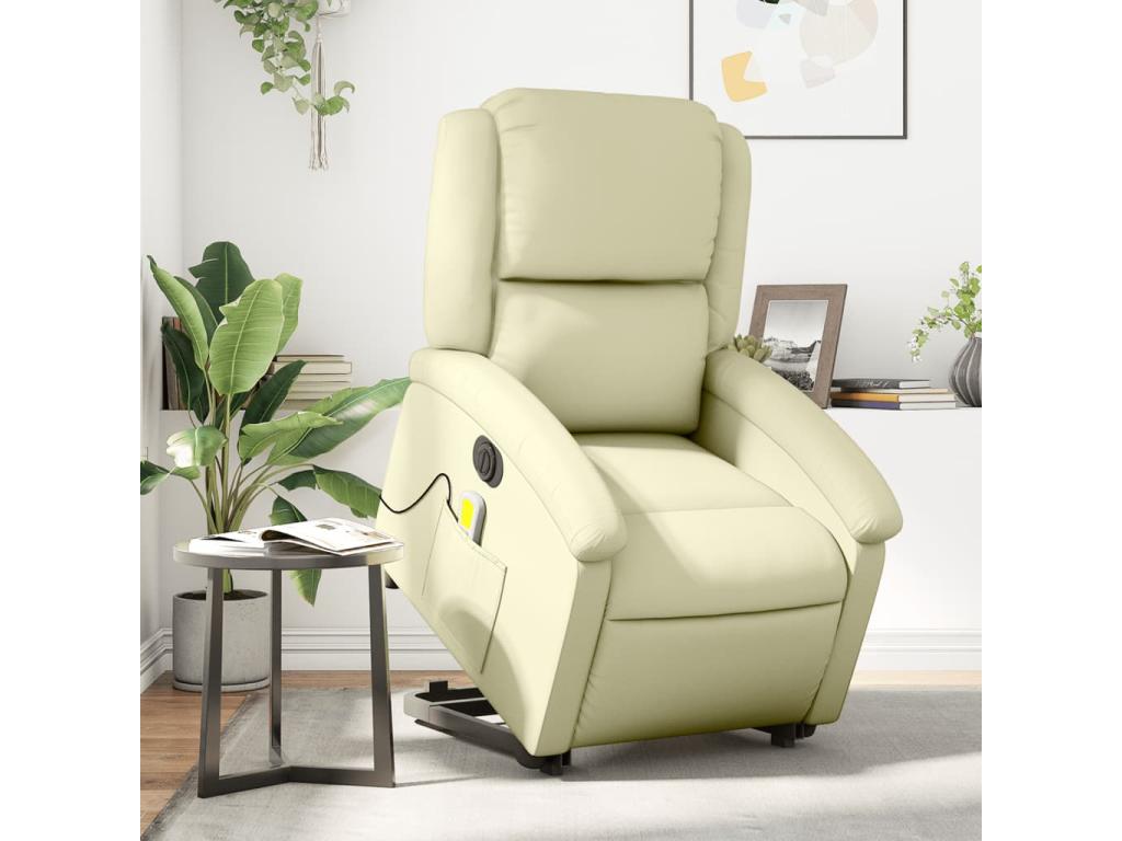 Sillón reclinable masaje eléctrico de pie cuero auténtico crema