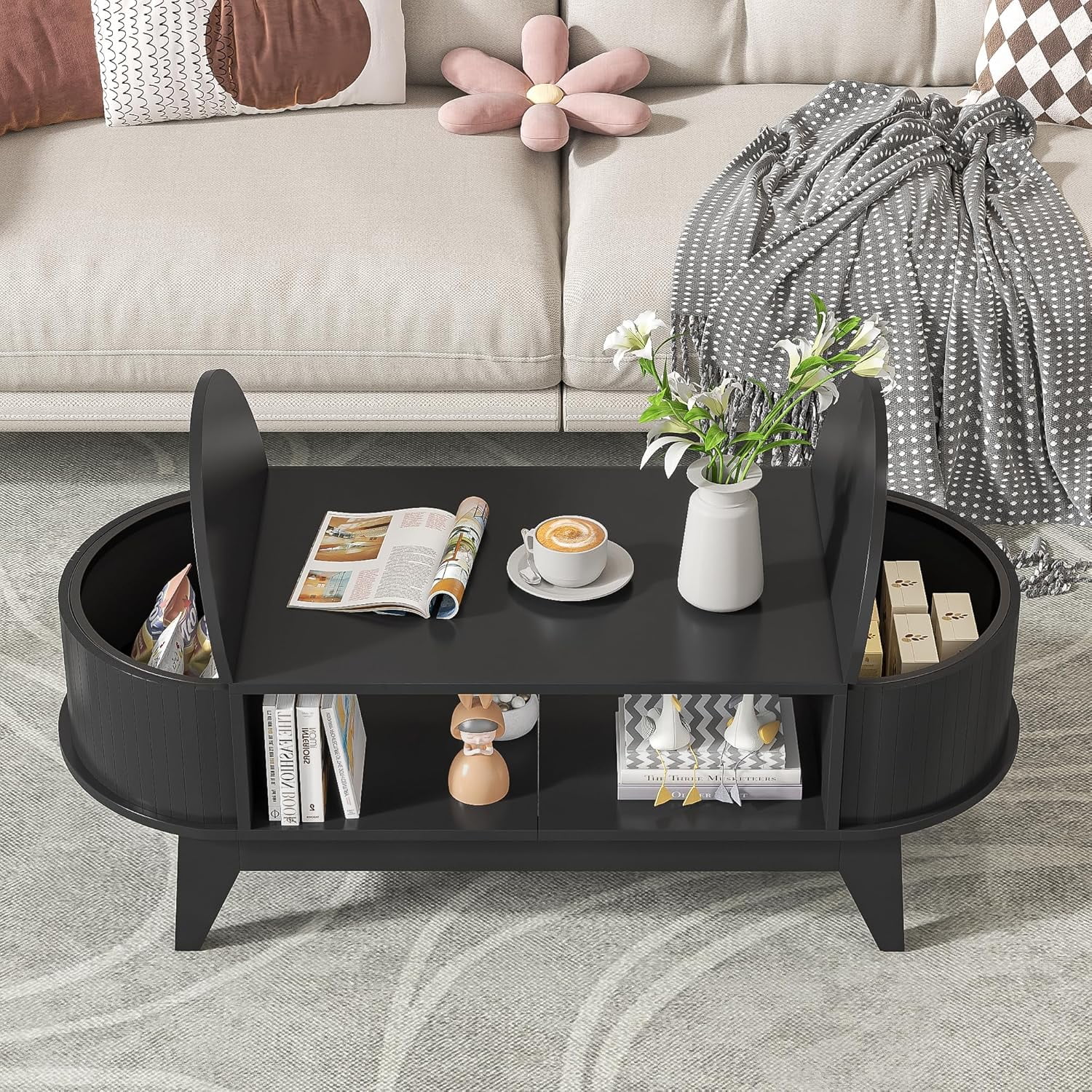 Fluted Coffee Table with Storage, Modern Coffee Tables, Wood Accent Center Table - Image 15