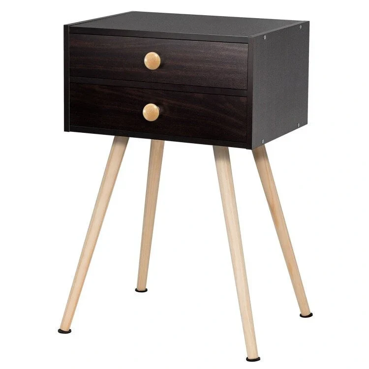 Brown Mid-Century Modern Nightstand with 2 Drawers
