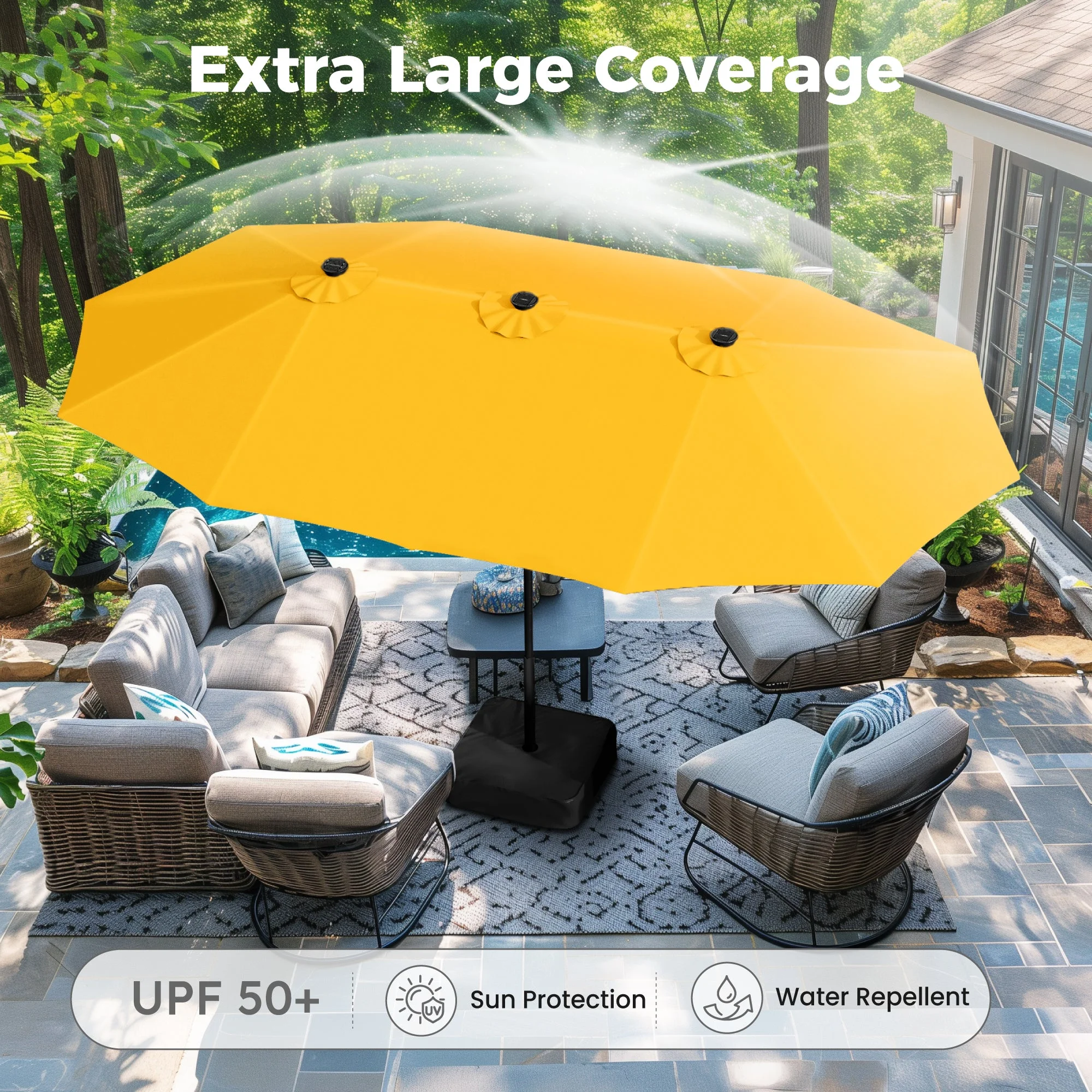 Alpha Joy 15ft Extra Large Outdoor Patio Double-Sided Umbrella with LED Solar Lights & Umbrella Base, Beige - Image 69