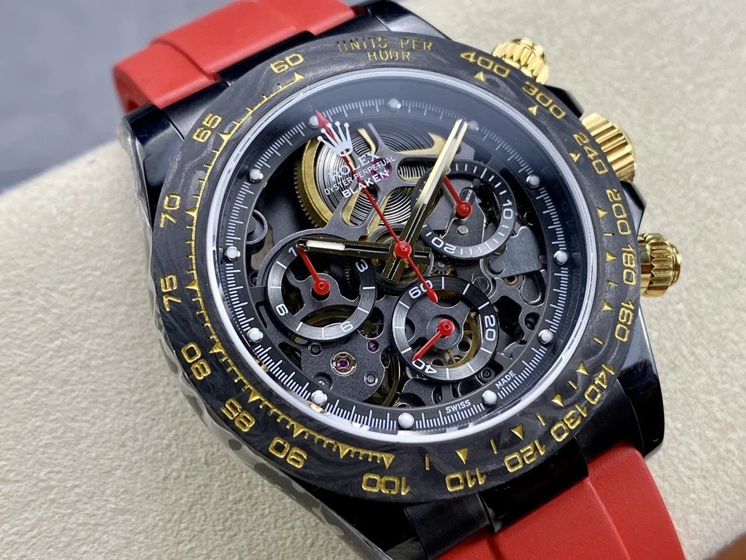 Replica Rolex Daytona Blaken Skeleton Dial Red Rubber Strap 40mm