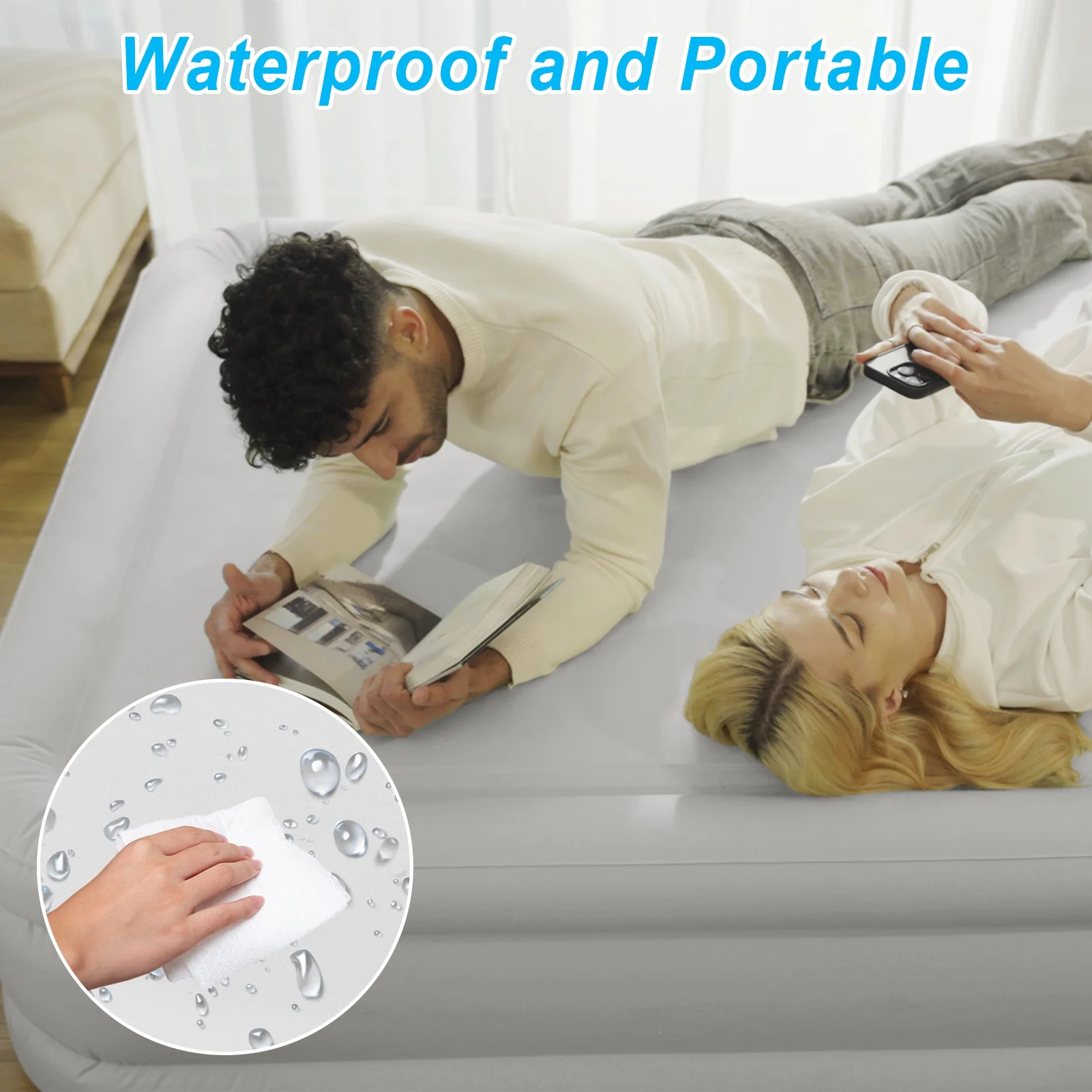 Air Mattress Queen with Built in Pump,Blow Up Mattress with Fiber-Tech, Inflatable Camping Bed, 3-Min Self Inflating with Carrying Bag (18-White Grey) - Image 2