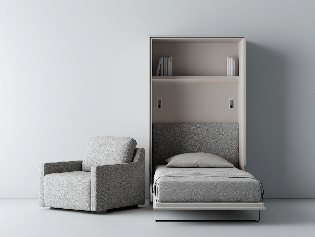 Cama abatible individual gris/blanco con sillón tapizado – 90×200 cm – con estante superior