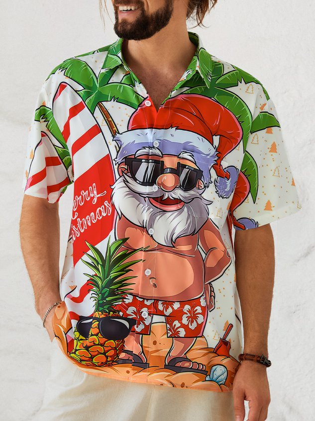 Mens Christmas Santa Surfing Print Front Buttons Soft Breathable Chest Pocket Casual Hawaiian Shirt