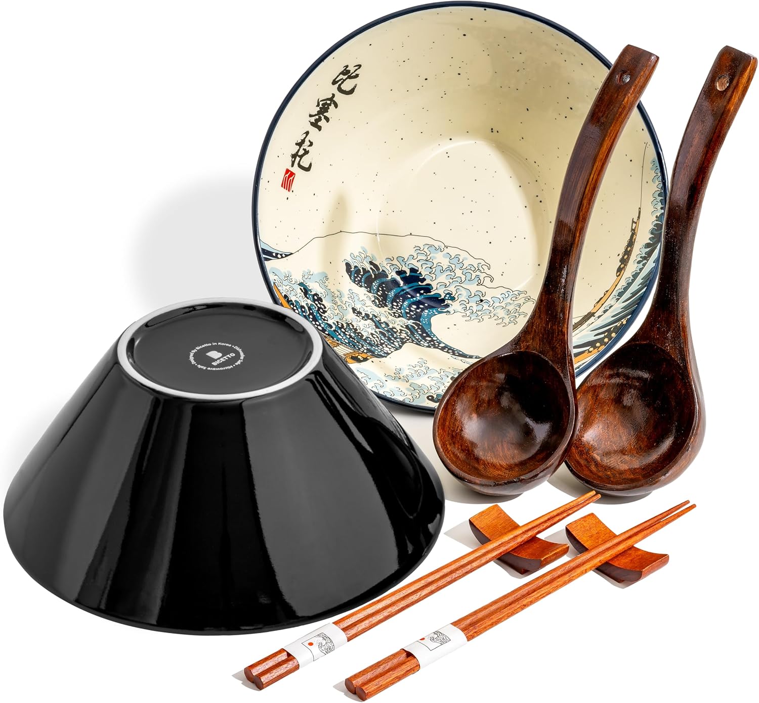 BICETTO Japanese Ramen Bowl Set with Great Wave Design - 60oz Large Ceramic Bowls, Spoons, Chopsticks for Ramen, Pho, Salad, Poke - Premium Gift for Ramen Lovers - Microwave & Dishwasher Safe