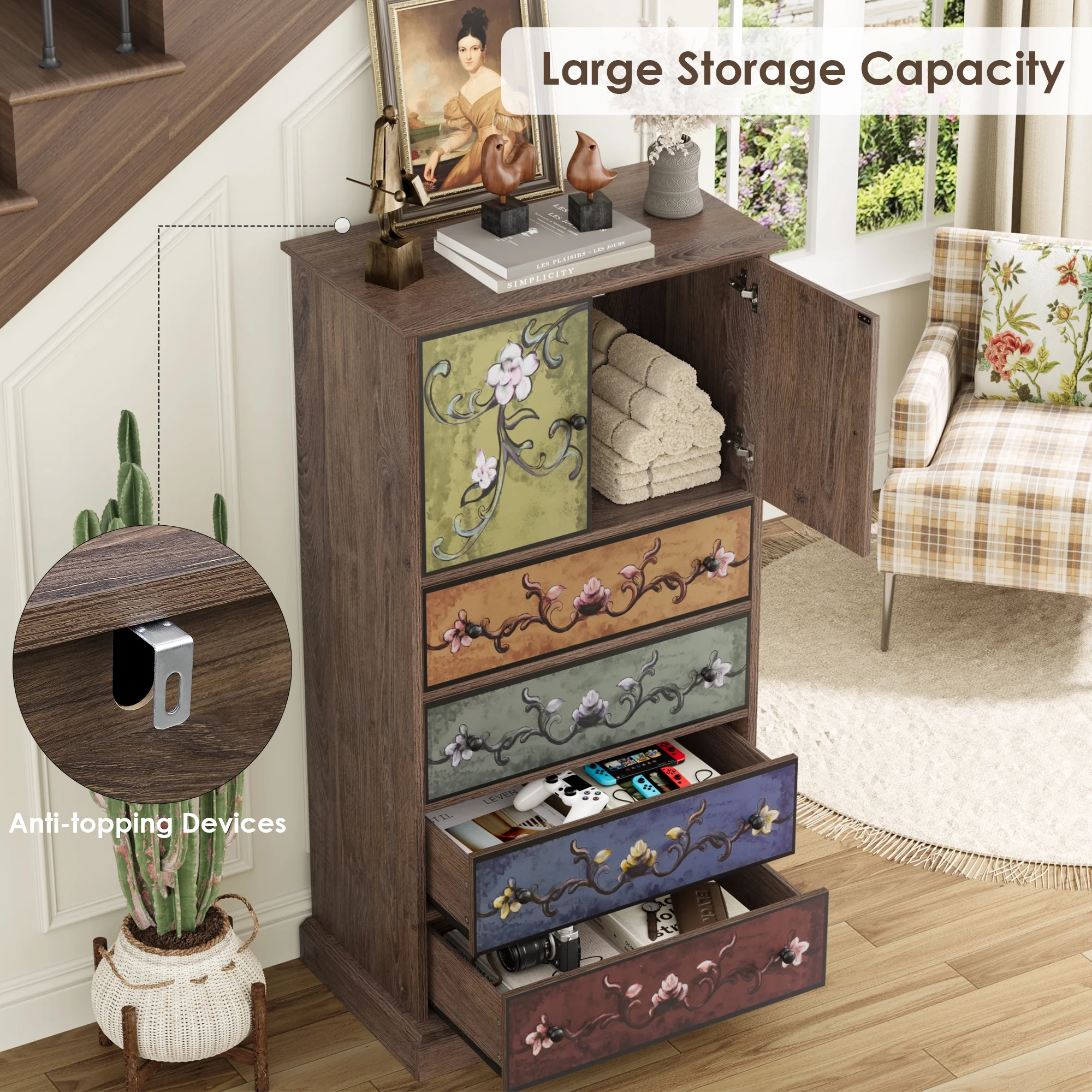 Homfa 50- Tall Dresser with 4 Drawers, Boho Vintage Dresser with 2 Doors, Wood Drawers Chest for Bedroom Living Room Entryway - Image 5