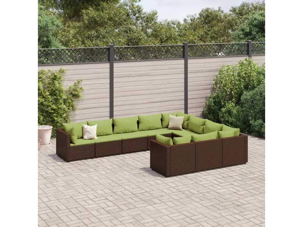 Set de sofás de jardín 10 pzas y cojines ratán sintético marrón