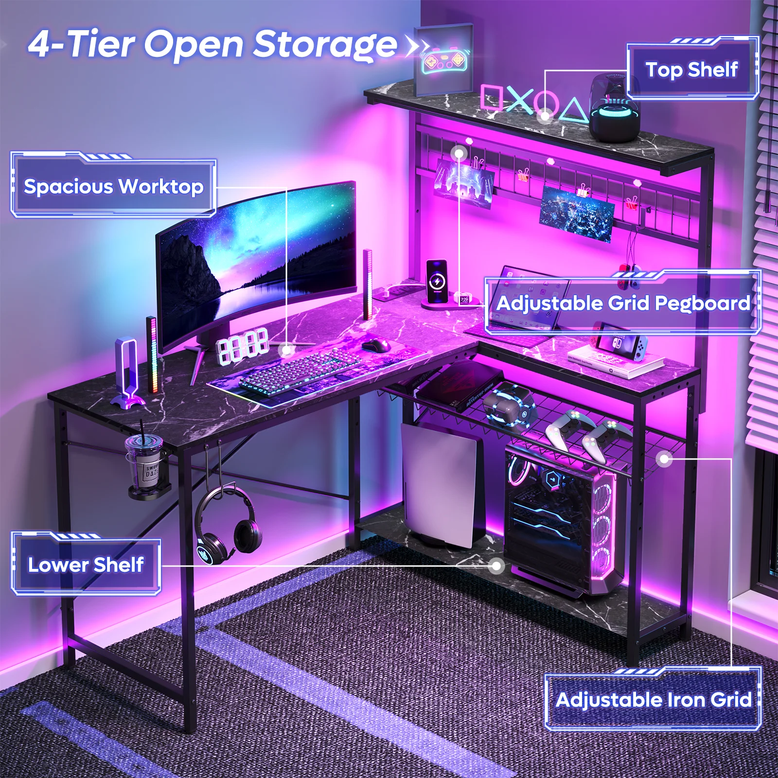 Bestier 51 L Shaped Gaming Desk with Power Outlets & LED Light, Computer Desk with 4 Tiers Shelves for Home Office, Reversible Gamer Table with Hooks and Cup Holder, Carbon Fiber - Image 33