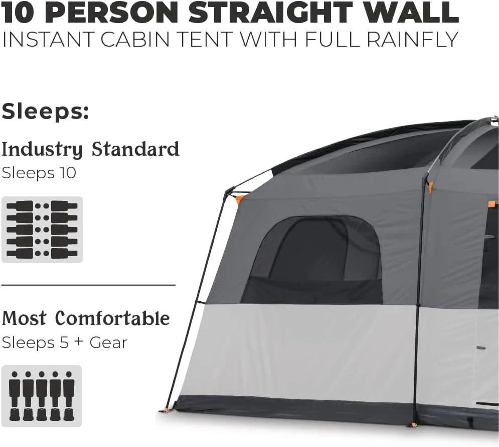 CORE Straight Wall Cabin Tents | 10 Person / 11 Person / 12 Person Large Multi Room Family Tents for Car Camping & Outdoor Adventures