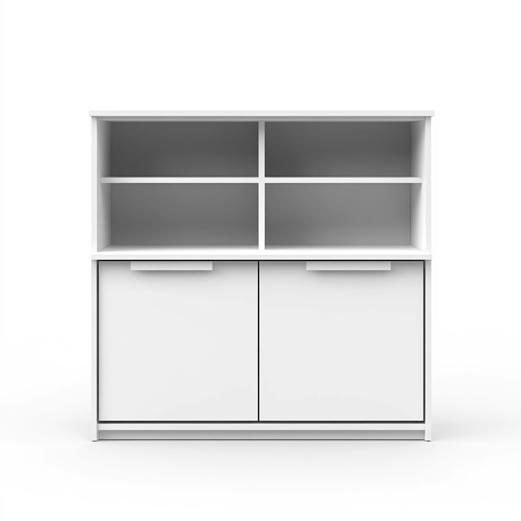 Armario bajo de almacenamiento multifuncional de madera para sala u oficina acabado blanco con estanterías abiertas y puertas doble de 80x40x90 cm LM7738033