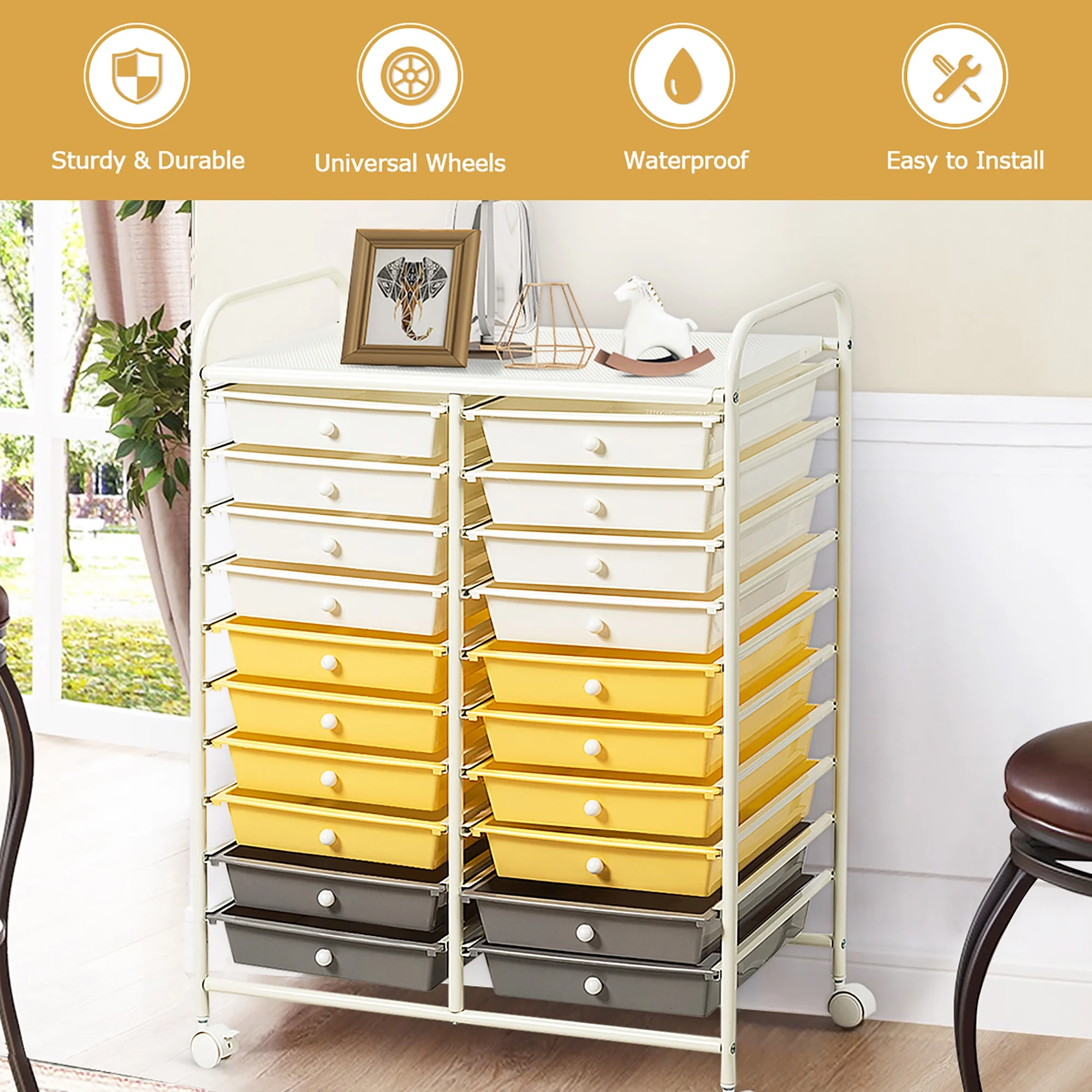 Costway 20 Drawer Rolling Storage Cart Tools Scrapbook Paper Office School Organizer Yellow - Image 14