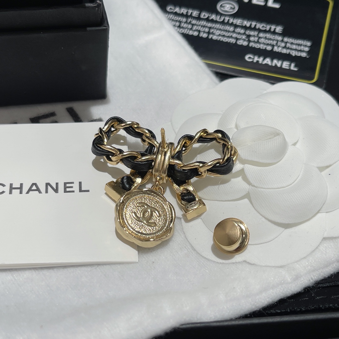 Chanel Black Leather Wrap Gold Bow Brooch - Original Replica Club