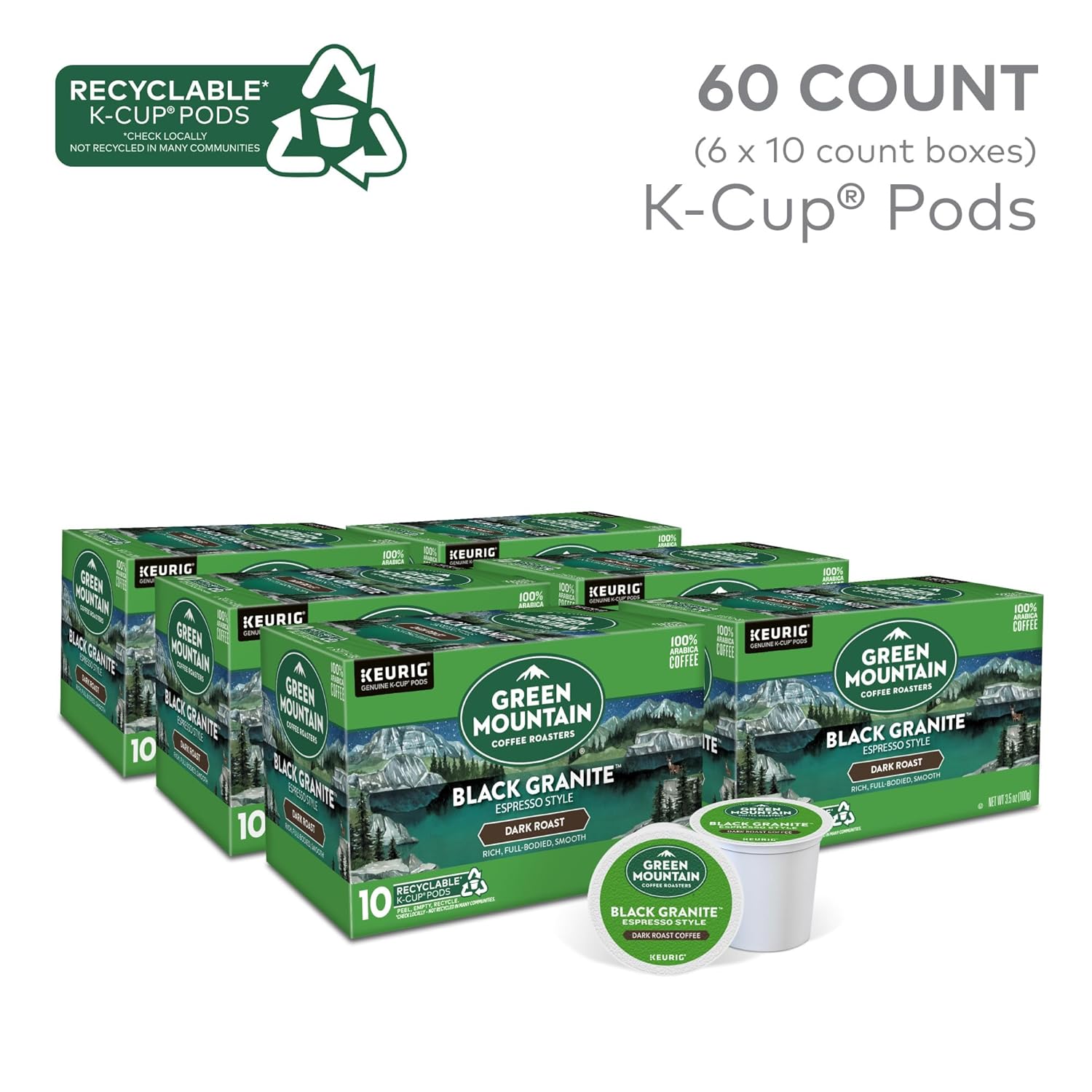 Green Mountain Coffee Roasters Black Granite. Keurig Single Serve K-Cup Pods. Espresso Style Dark Roast. 60 Count (6 Packs of 10)