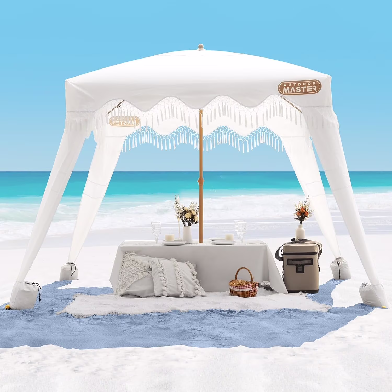 OutdoorMaster Beach Cabana with Fringe, Portable 6' x 6' Beach Canopy, Easy Set Up Beach Shelter, Included Side Wall, UPF 50+ UV Protection Sun Umbrella - for Kids, Family & Friends