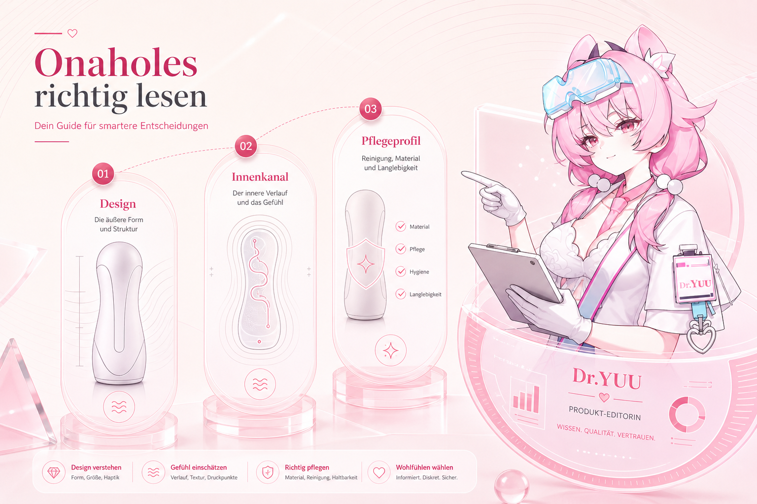 Onaholes mit unterschiedlichen Innenkanälen und pink-weißer Vergleichsgrafik zu Design und Pflegeprofil