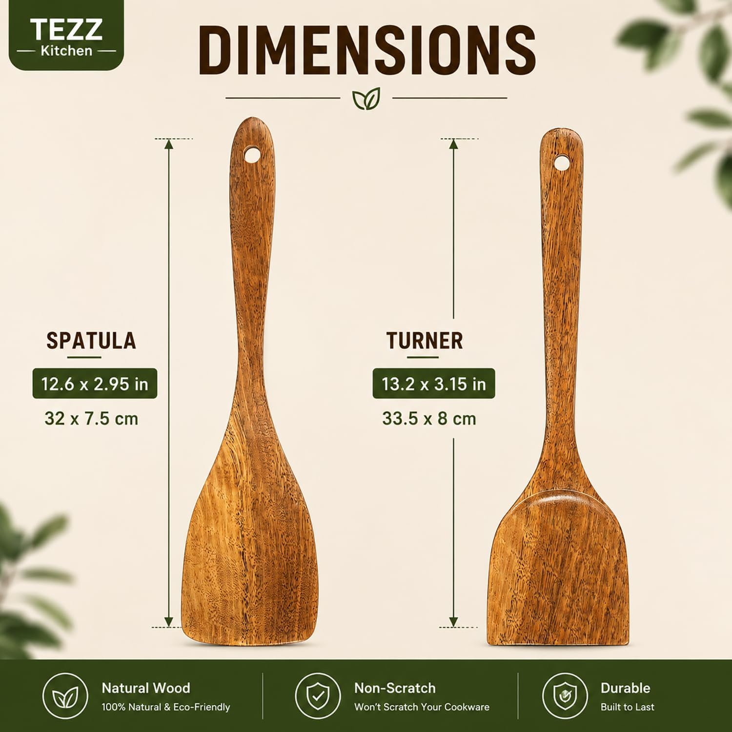 Wooden Spatulas, 2 PCs Natural Acacia Wooden Cooking Utensils Set for Non-stick Pan Kitchen Tool, flipping and Wok Spatula, Wooden Spoons & Spurtle for Cooking