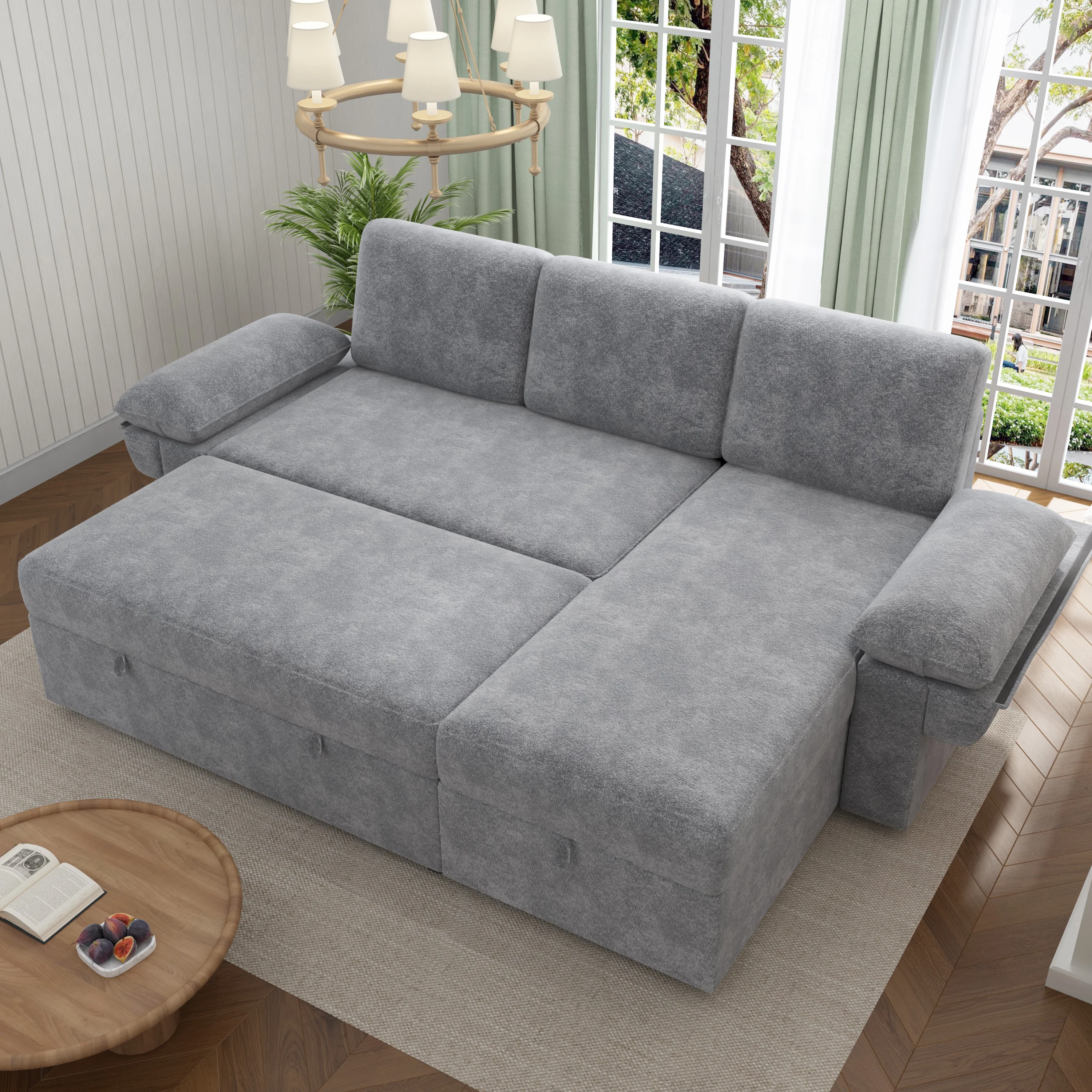 VANACC Sofa Bed, Adult Sleeper Sofa with Storage Chaise, Pull Out Couch for Bed Room, Gray Chenille - Image 12