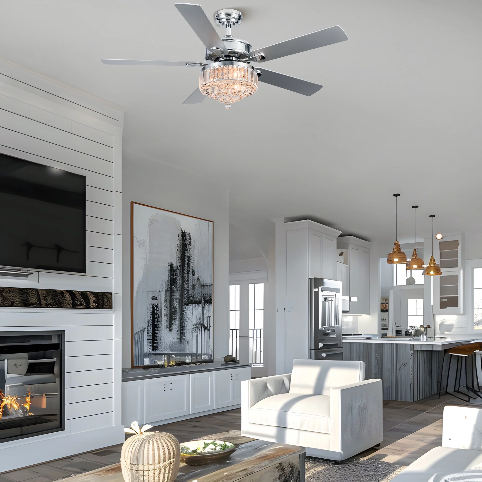 Bestco 52" Chandelier Crystal Ceiling Fan with Light 6 Speeds 5 Dual Sided Blades Chrome - Image 11