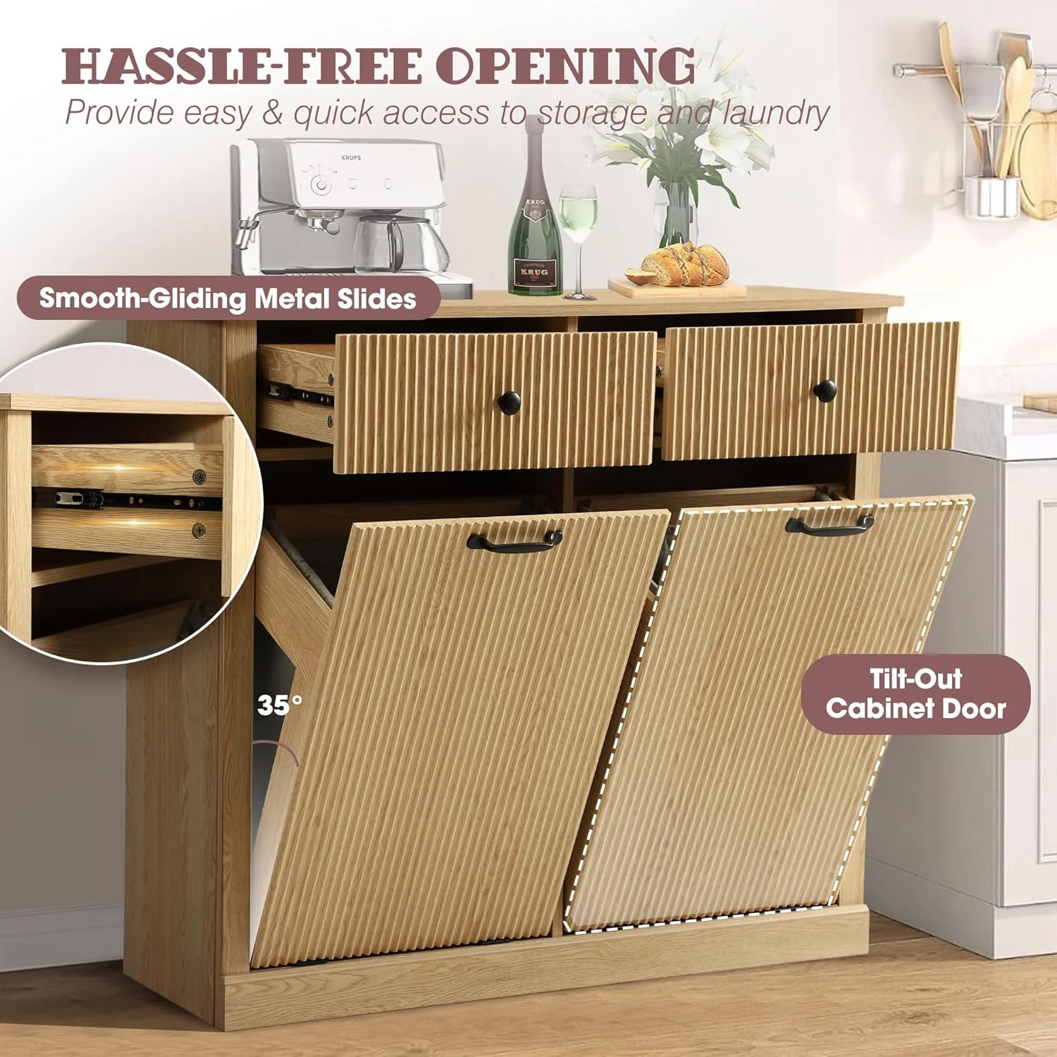 Haverchair Double Tilt Out Laundry Hamper Cabinet, Modern Fluted Trash Can Cabinets with Drawer, Wooden Hidden Garbage Cabinet for Kitchen and Bathroom - Image 5
