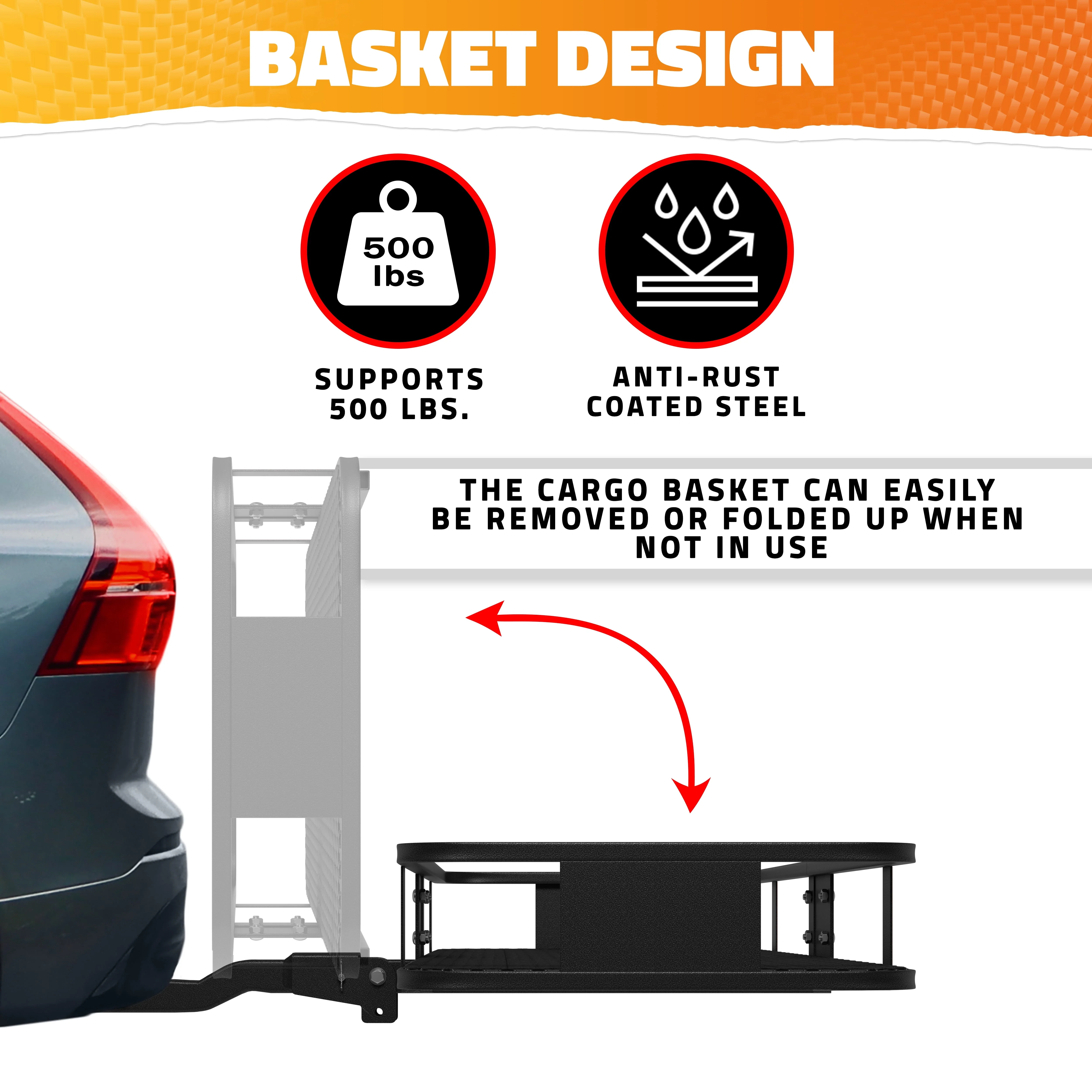 Mockins 60"x20"x6" Car Cargo Carrier Hitch Mount | 500 lbs Cap. Folding Hitch Basket with 16 CF Cargo Bag - Image 4