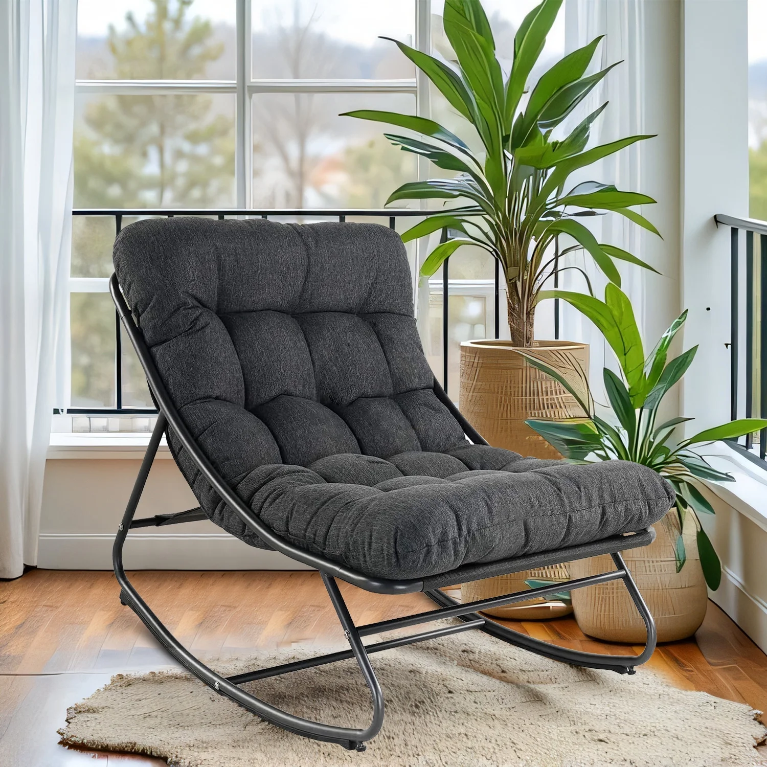 Outdoor Rocking Chair, Indoor Oversized Comfy Reading Chairs Set with Cushion, Patio Rocker Recliner Chair, Grey - Image 11