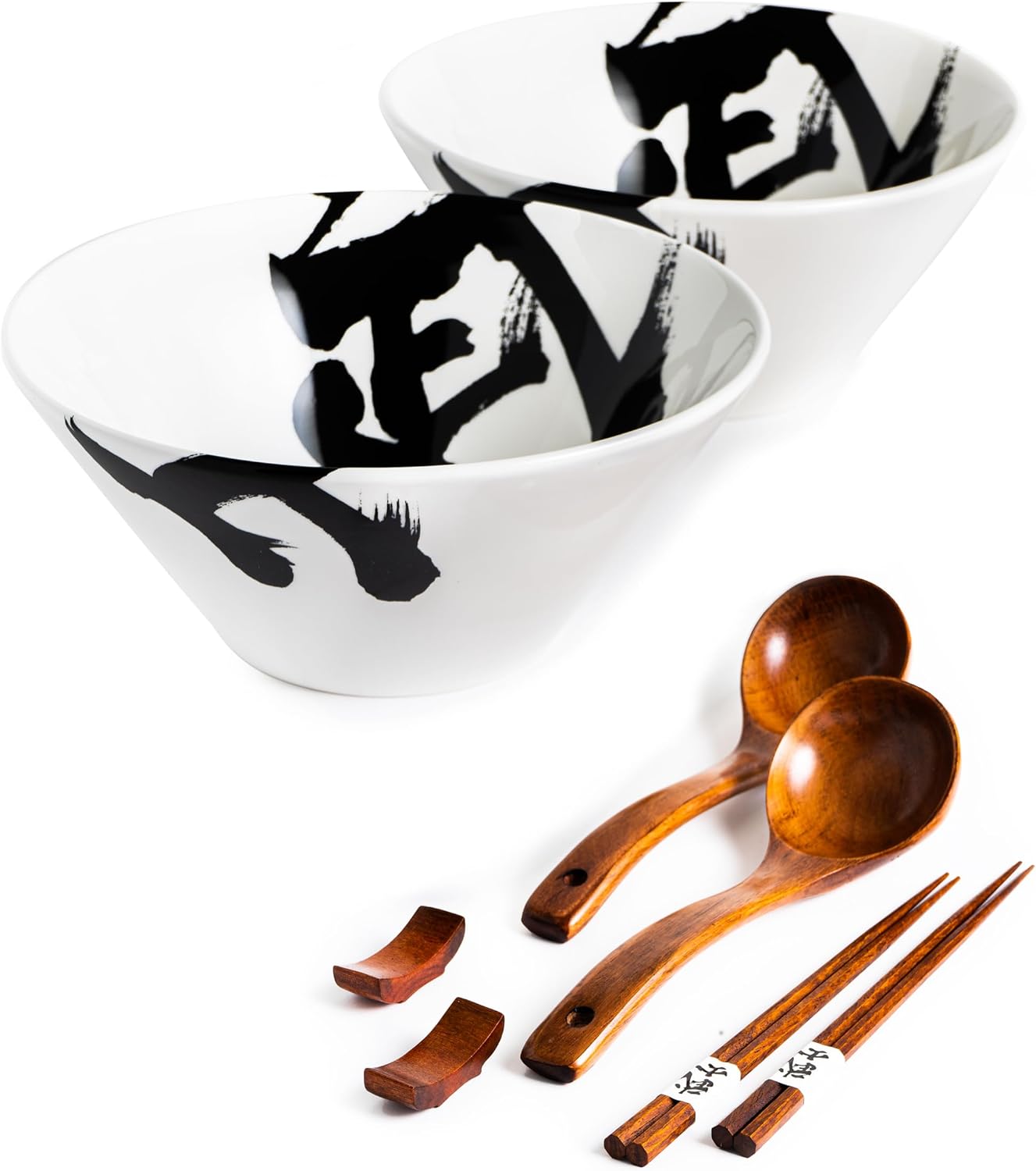 BICETTO Japanese Ramen Bowl Set with Great Wave Design - 60oz Large Ceramic Bowls, Spoons, Chopsticks for Ramen, Pho, Salad, Poke - Premium Gift for Ramen Lovers - Microwave & Dishwasher Safe