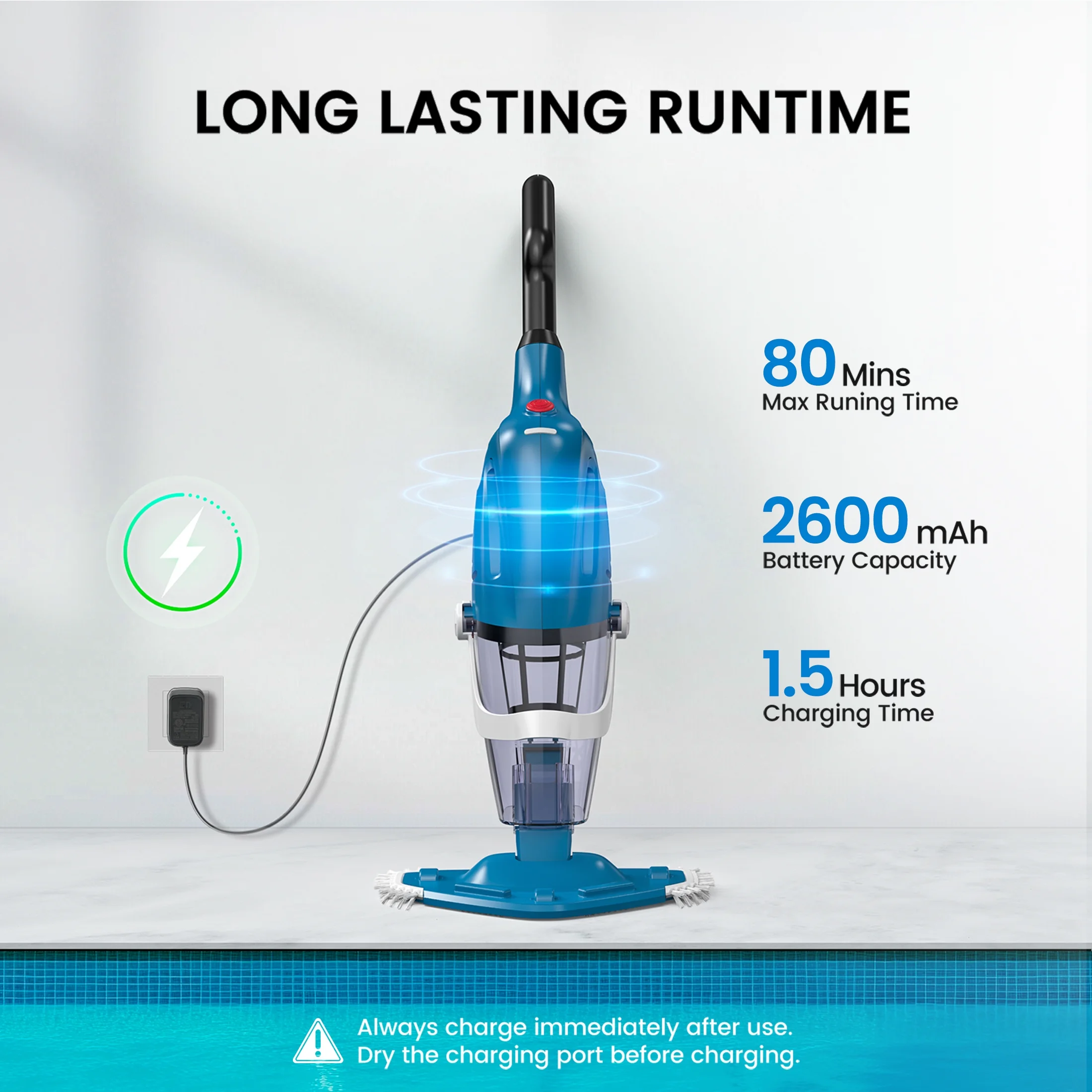 Cordless Pool Vacuum Cleaner, Handheld Pool Vacuum with 80-Minute Runtime for Above & In-Ground Pools, Spas and Hot Tubs, Strong Suction Power, Fast Charging - Image 5