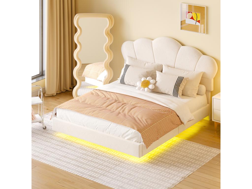 Cama doble 140x200 cm, cama LED con somier y cabecero en forma de nube, pie de cama oculto, tela de terciopelo beige