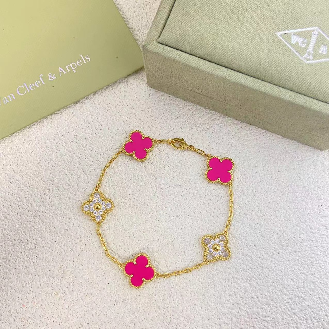 VCA Diamond and Rose Red Vintage Alhambra Bracelet 5 Motifs - Original Replica Club