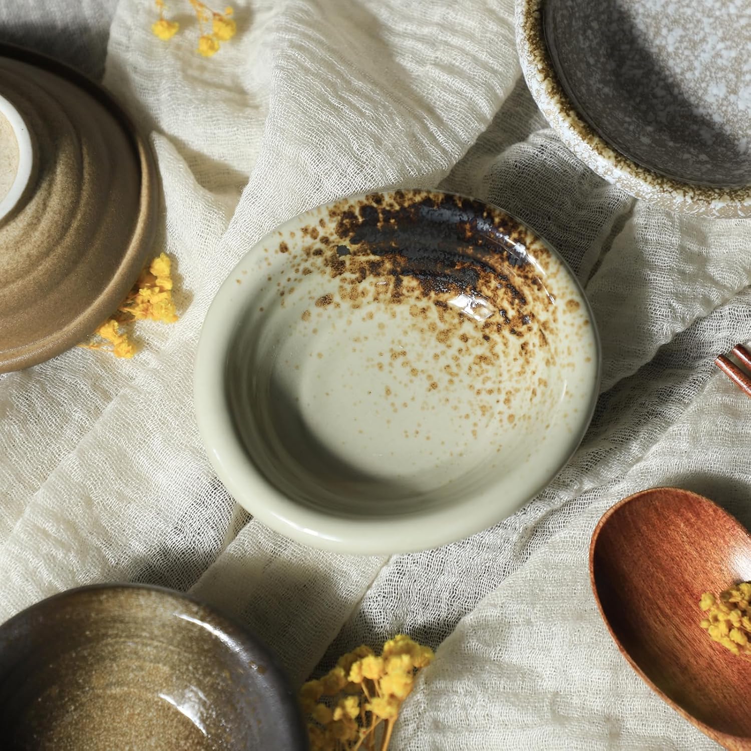 Set of 5 Japanese Vintage Style Ceramic Side Bowls Retro Seasoning Dishes Soy Dipping Dishes - 3.5 Inch