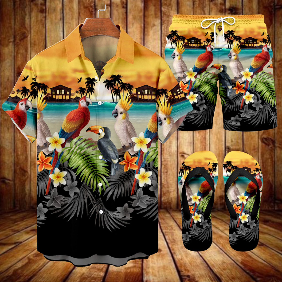 Suitmens Men's Men's Tiki Style Hawaiian Vacation Print Three-Piece Set 034