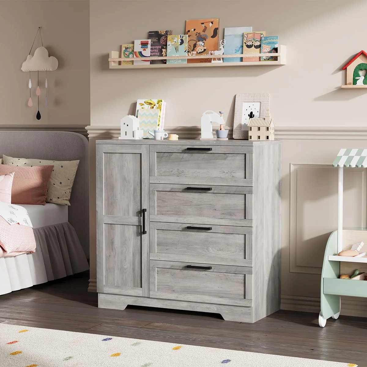 Ataucjin Wood Armoire Wardrobe Closet with 4 Drawers and Door, 43.3" H Bedroom Wardrobe Cabinet with Hanging Rod, Clothing Storage Cabinets, 4 Drawers Dresser with Storage Closet - Image 12