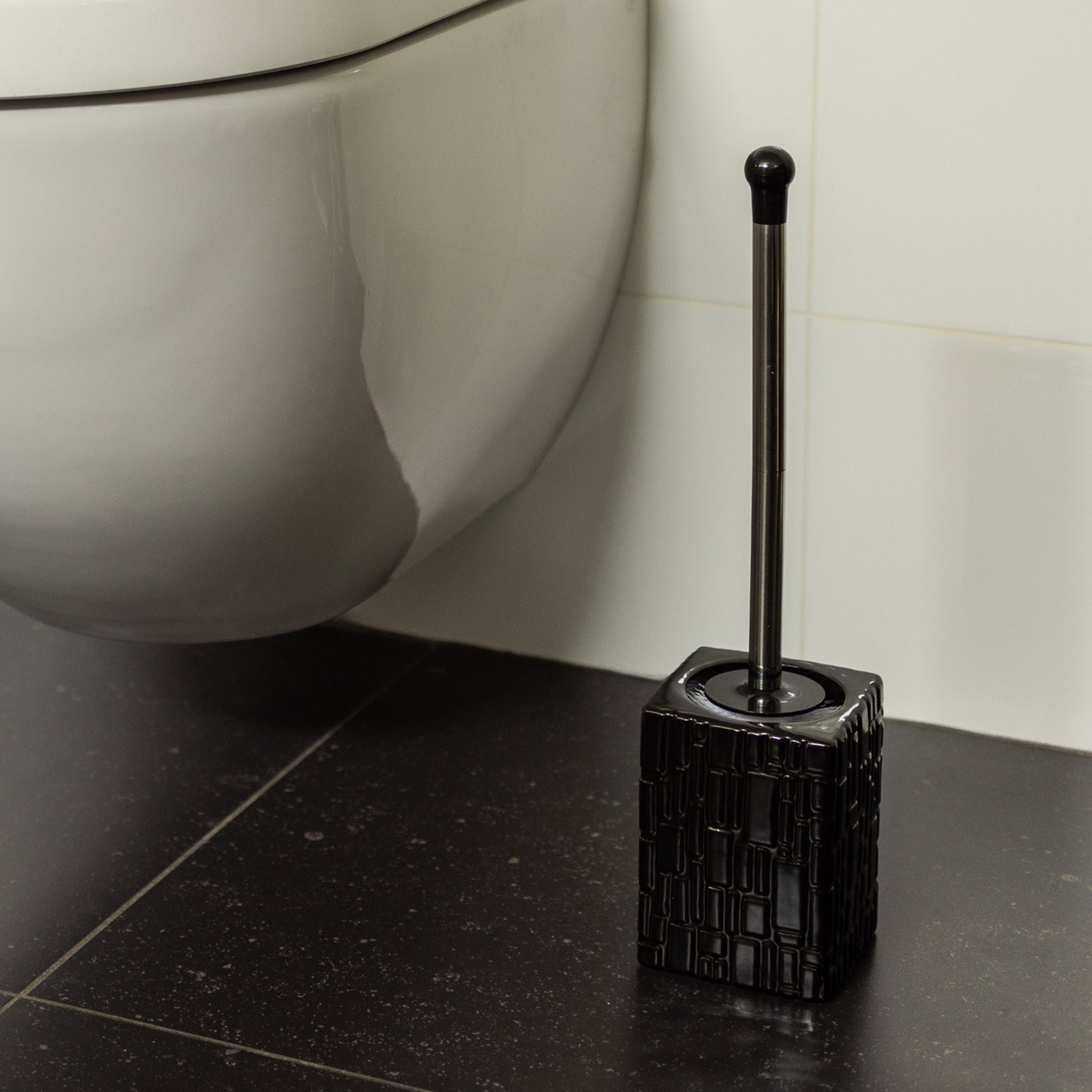 QUVIO Toiletborstel met houder vierkant met patroon - Keramiek - Zwart