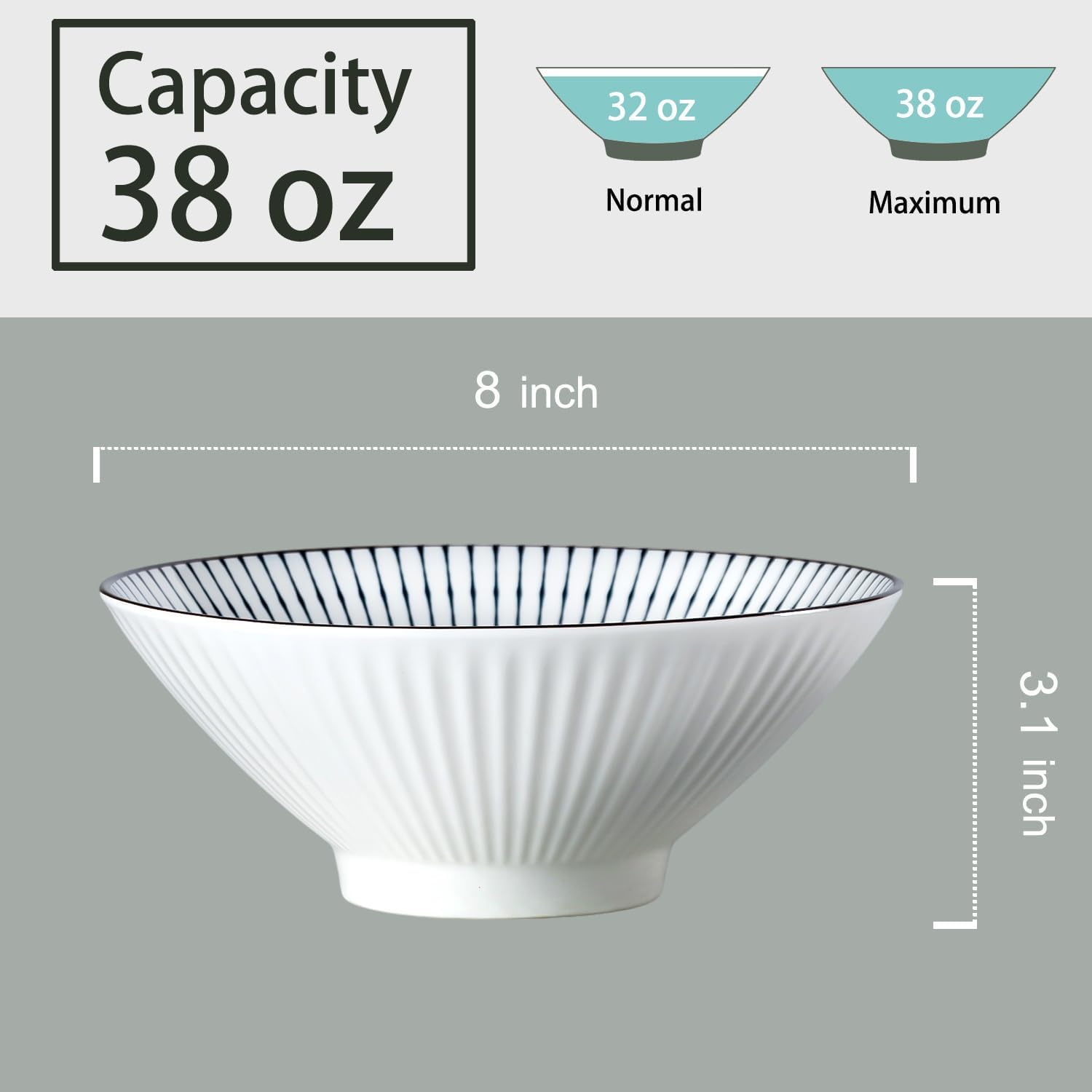 38 oz Japanese Ramen Bowl Set of 6 - Large 8 Inch Ceramic Soup Bowls, Blue and White Japanese Noodle Bowls for Pho, Ramen, and Salad - Mixing Patterns
