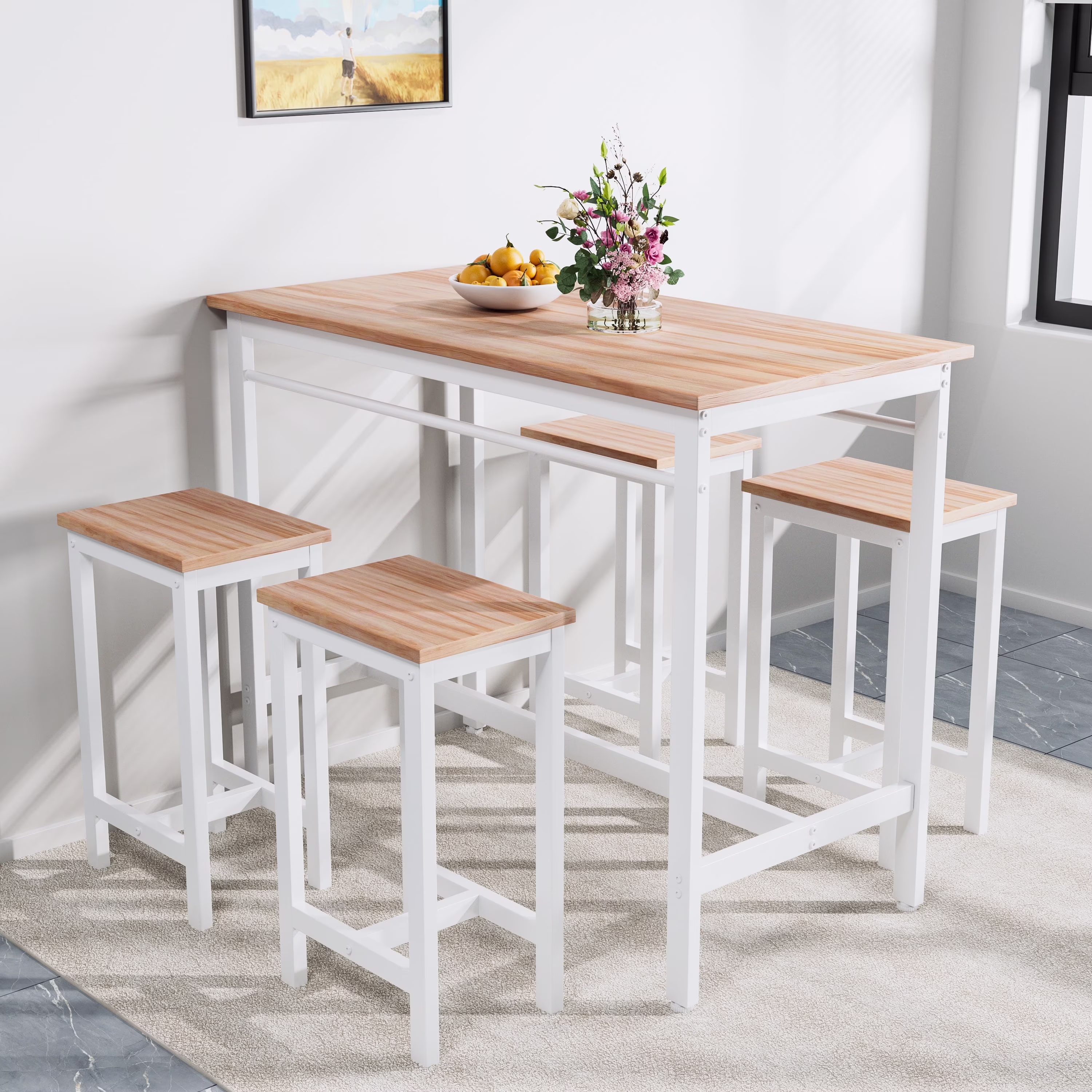 Counter Height Table Set of 5, Breakfast Bar Table and Stool Set, Minimalist Dining Table with Backless Stools, Wood Top Pub Table & Chair Set for Kitchen Apartment Bistro - Space Saving - Image 9