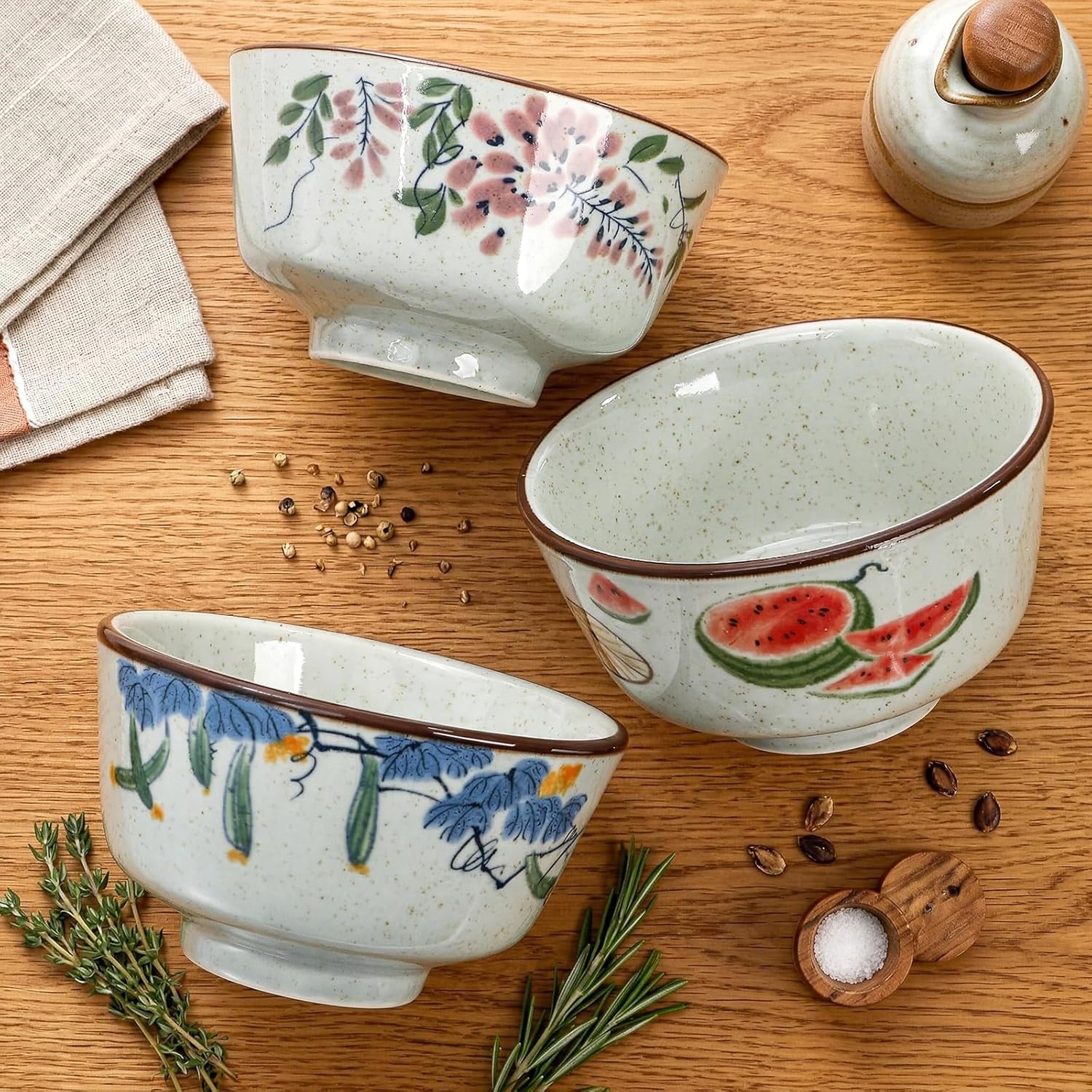 ZAVOOS 6 Pack Retro Ceramic Bowl, 15 Oz Japanese Style Soup Bowls for Kitchen, Hand-Painted Asian Cereal Bowl Dinnerware Set for Serving Rice, Ramen, Pasta, Oatmeal, Dishwasher Microwave Safe