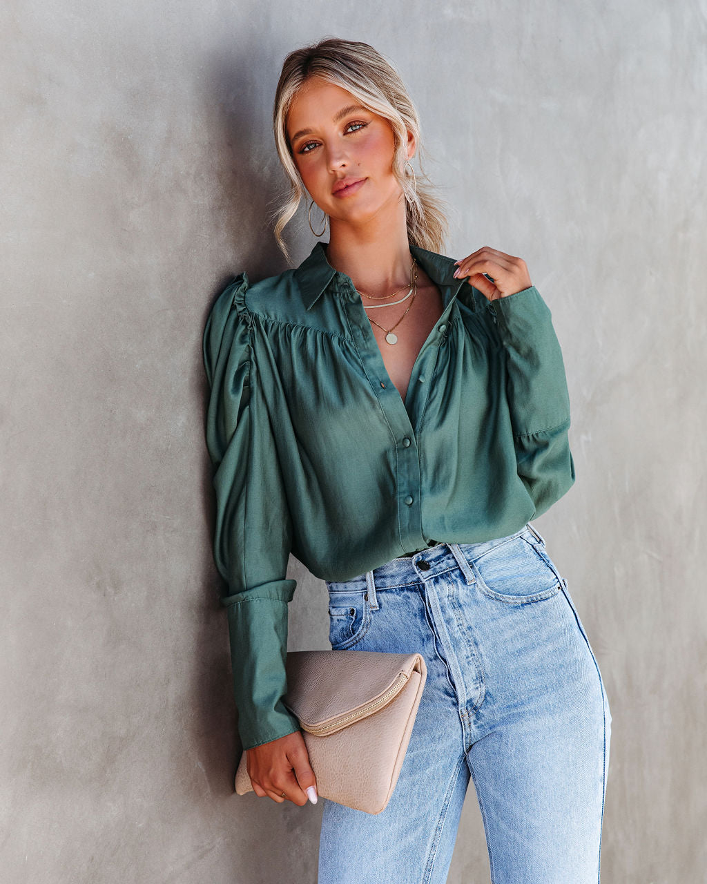 Southern Belle Puff Sleeve Button Down Top - Pine - Se7enfashion
