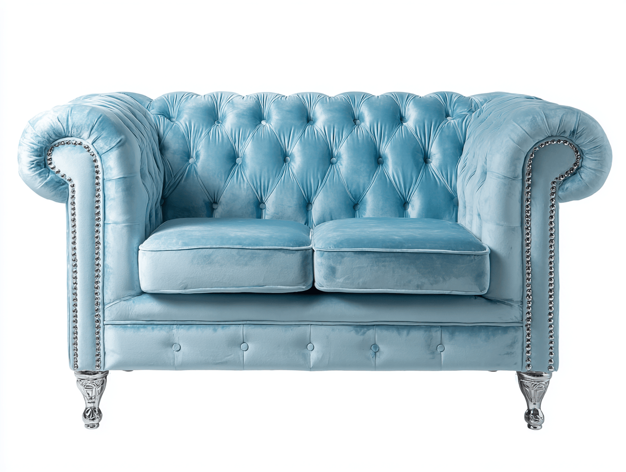 Sillón Chesterfield de dos plazas en terciopelo azul claro con detalles plateados 160x80x75 cm