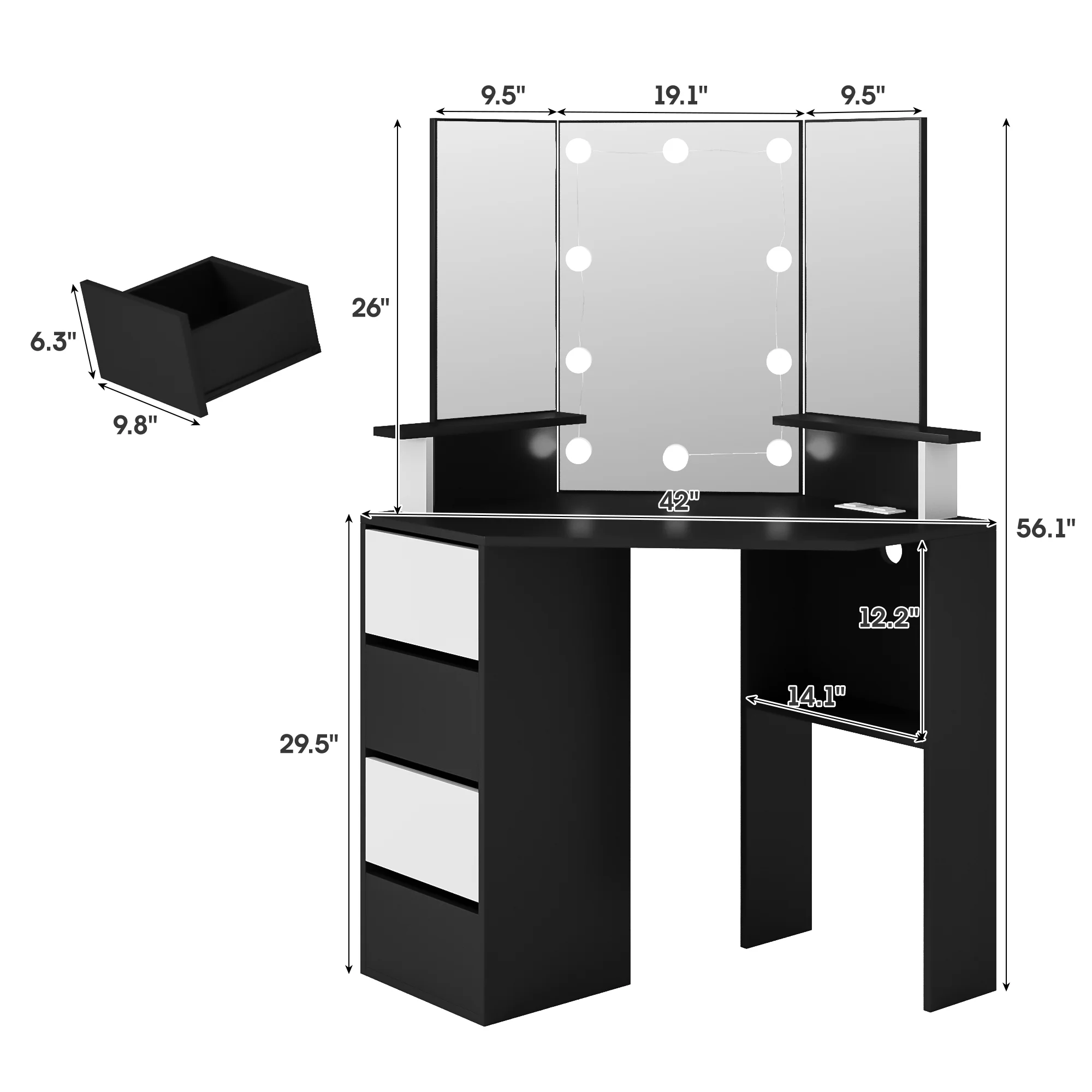 Veanerwood White Corner Vanity Desk with Mirror and Light,Makeup Table with 4 Drawers and Charging Station for Bedroom - Image 16