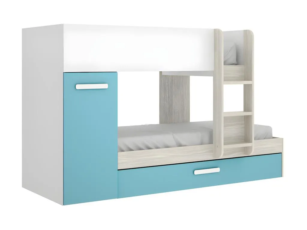 Litera con cama nido y compartimentos 3x90x190 cm en blanco, natural y azul Nidovia. ppe126213