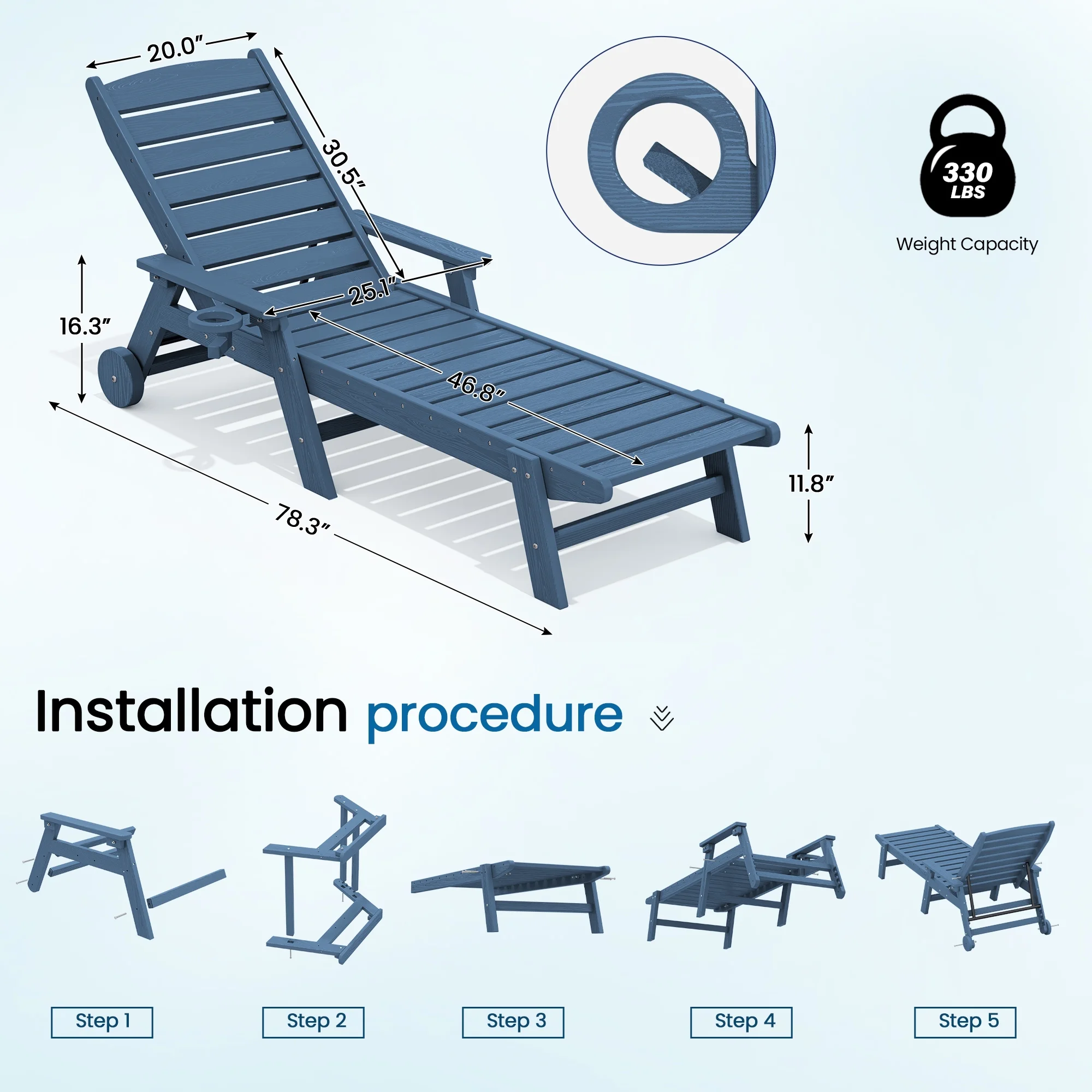 SERWALL Patio Chaise Lounge Chair, 78'' HDPE Outdoor Lounge Chair 5 Positions Pool Lounger Navy Blue - Image 5