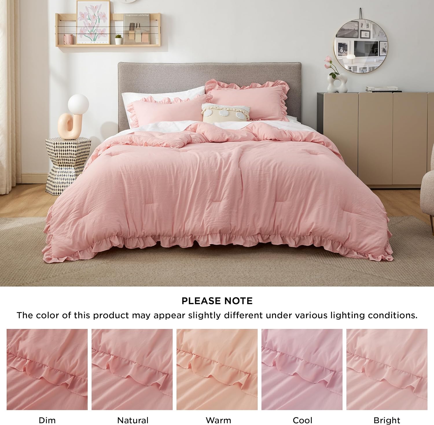 3 Pieces Pink Ruffle Edge Comforter Set Vintage Shabby Chic Style All Season Soft Breathable for Bedroom Home