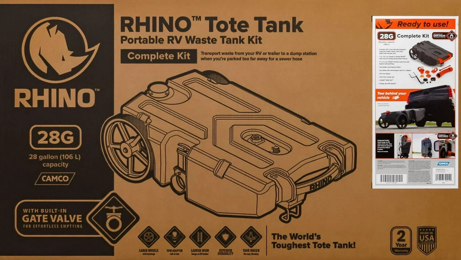 Camco Rhino Heavy Duty 28 Gallon Portable RV Waste Holding Tank With Hose And Accessories, Gray - 39004 - Image 3 Camco Rhino Heavy Duty 28 Gallon Portable RV Waste Holding Tank With Hose And Accessories, Gray - 39004 - Image 3