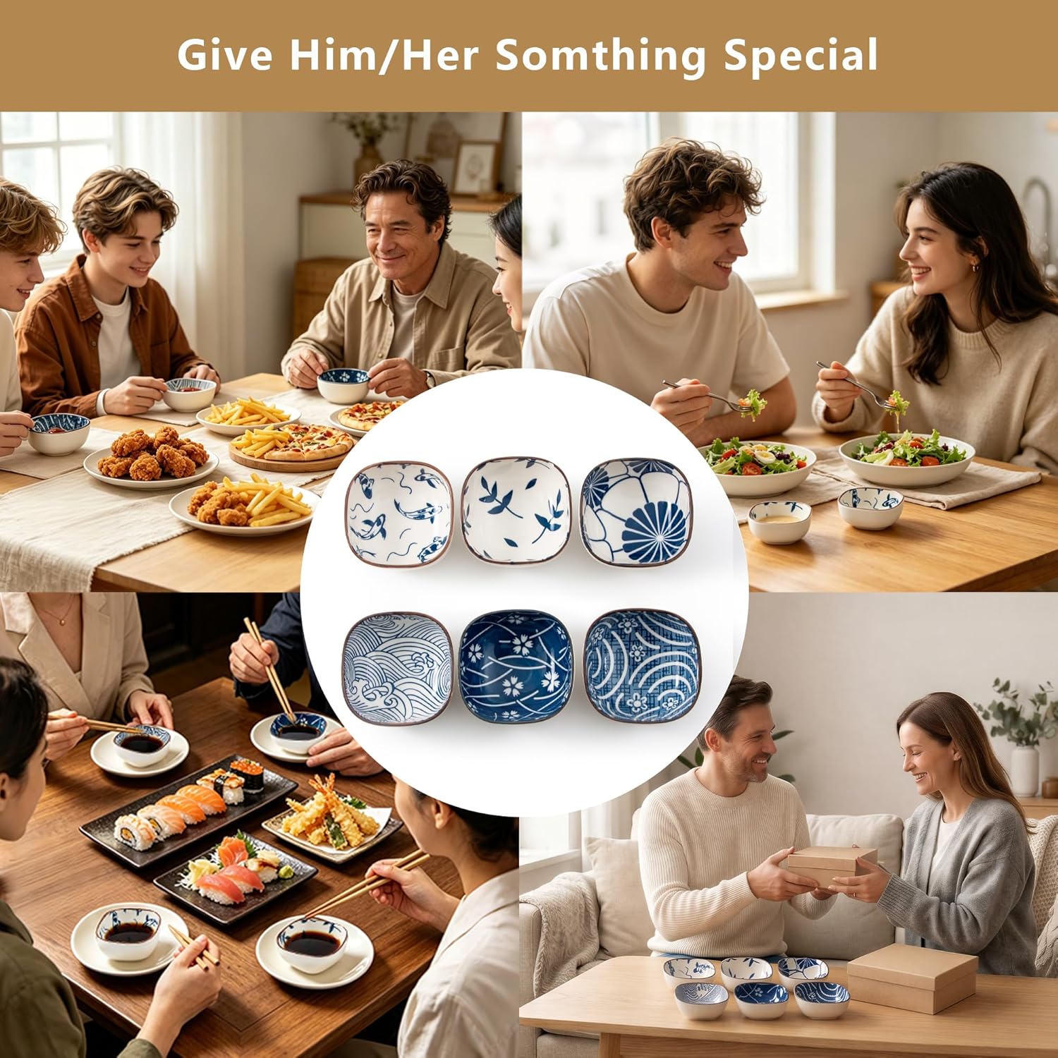 Ceramic Dipping Bowls Set of 6, 5OZ Small Soy Sauce Dishes, Japanese Style Square Pinch Bowls for Sushi Sauce Ketchup BBQ, Oven Microwave Dishwasher Safe, 3.6Inch (Blue Ocean)