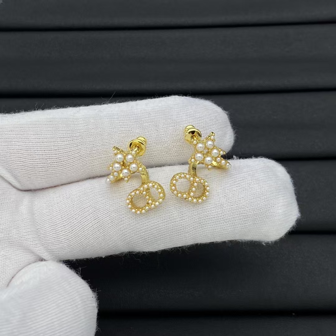 Dior Pearl Paved Star CD Drop Earrings - Original Replica Club