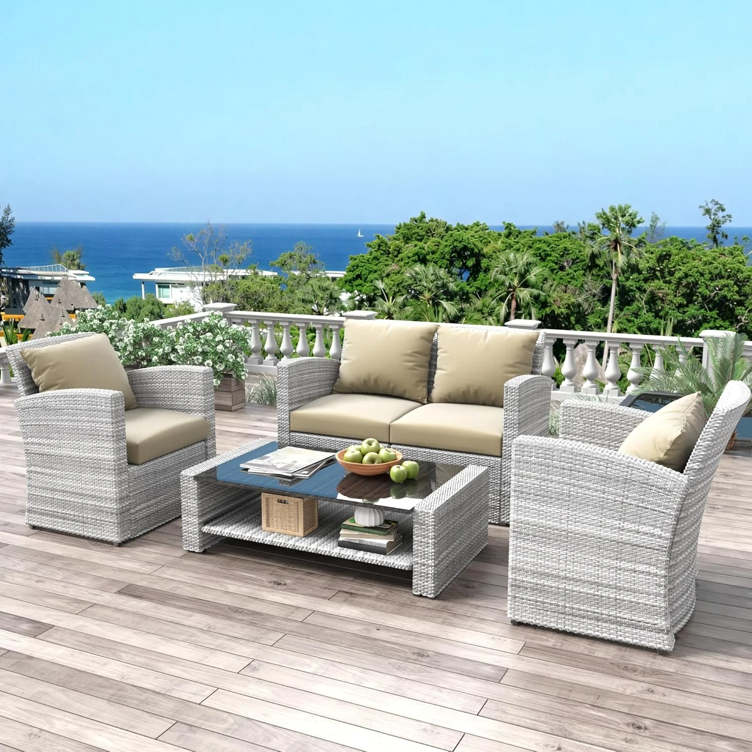 4 Pieces Patio Conversation Set, Outdoor Furniture Set with Cushion, Outside Sectional Rattan Wicker Sofa Furniture Set for Garden, Porch, Backyard, Gray - Image 27
