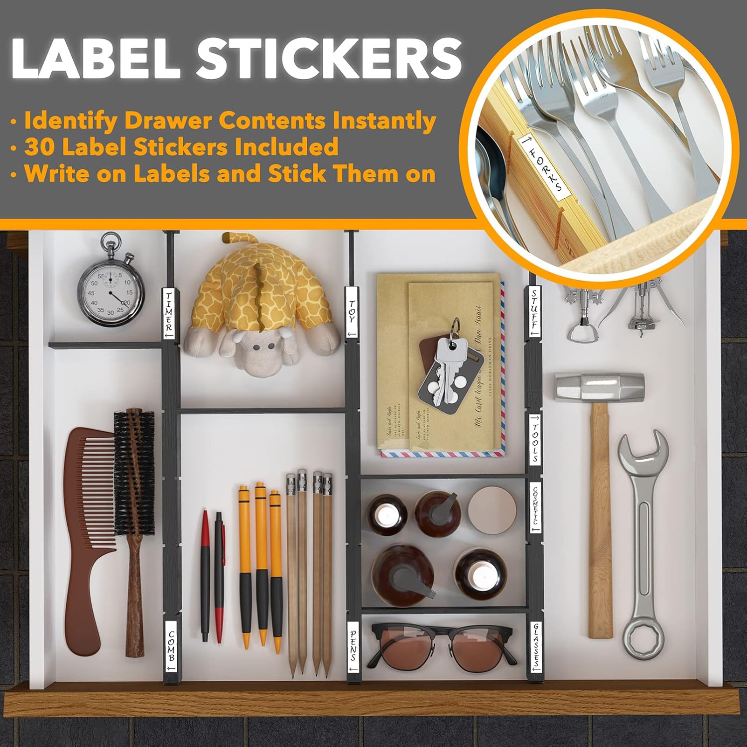 SpaceAid Bamboo Drawer Dividers with Inserts and Labels, Kitchen Adjustable Drawer Organizers, Expandable Organization for Home, Office, Dressers, 4 Dividers with 9 Inserts (17