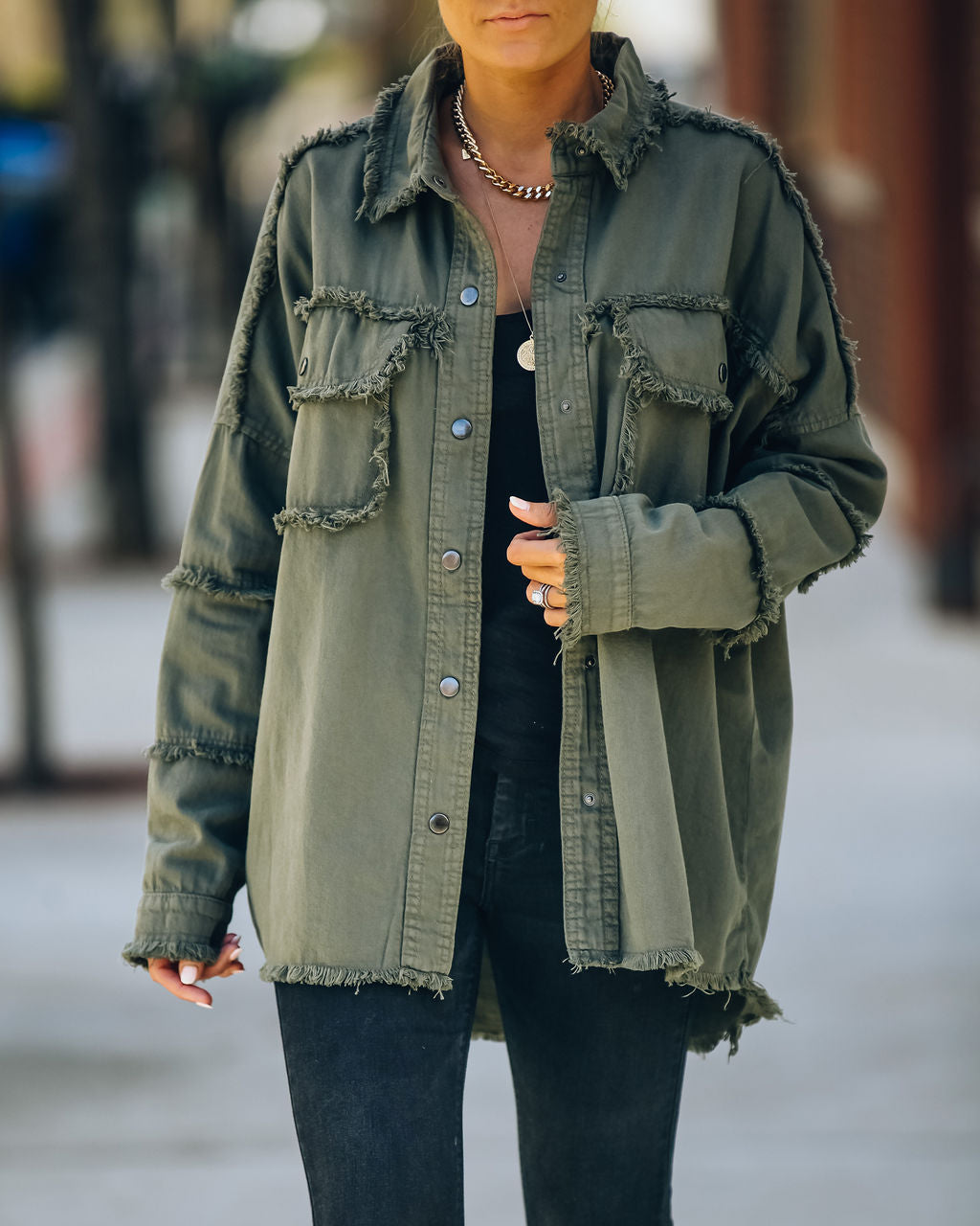 Cotton Rock & Roll Frayed Utility Jacket - Olive - Se7enfashion